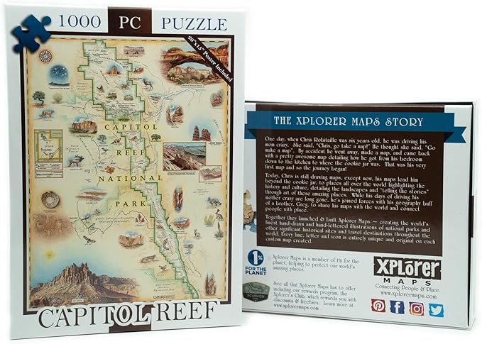 Capitol Reef National Park Map Cardboard Jigsaw Puzzle - 1000 Pieces, Hand-Illustrated - Educational, Family Activity, Ages 7+, Includes Poster - 25.4 x 19.8