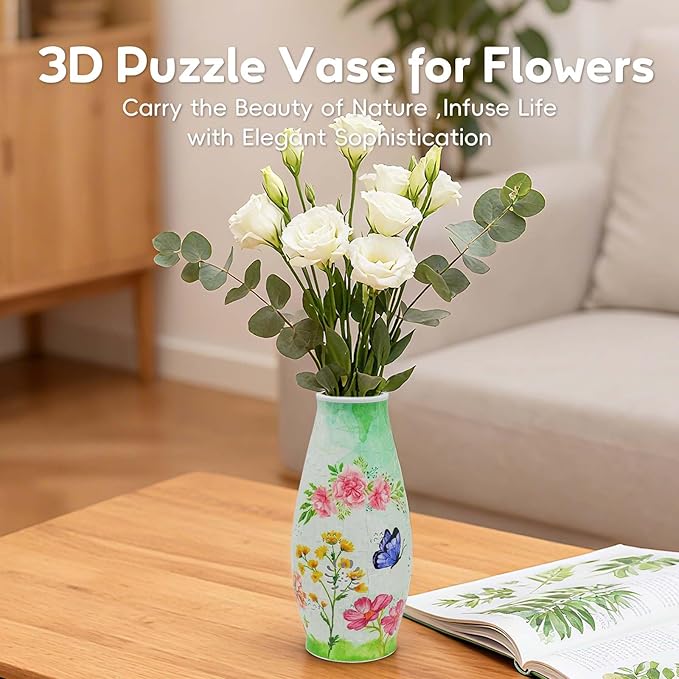 3D Puzzle Vase for Adults, 3D Puzzle Vases for Flowers, 152 Pcs 3D Puzzles Art Vase for Kids Ages 8-13, Cute Unique Flower Vases Decoration with Night Light, Crafts for Adults(Butterfly)