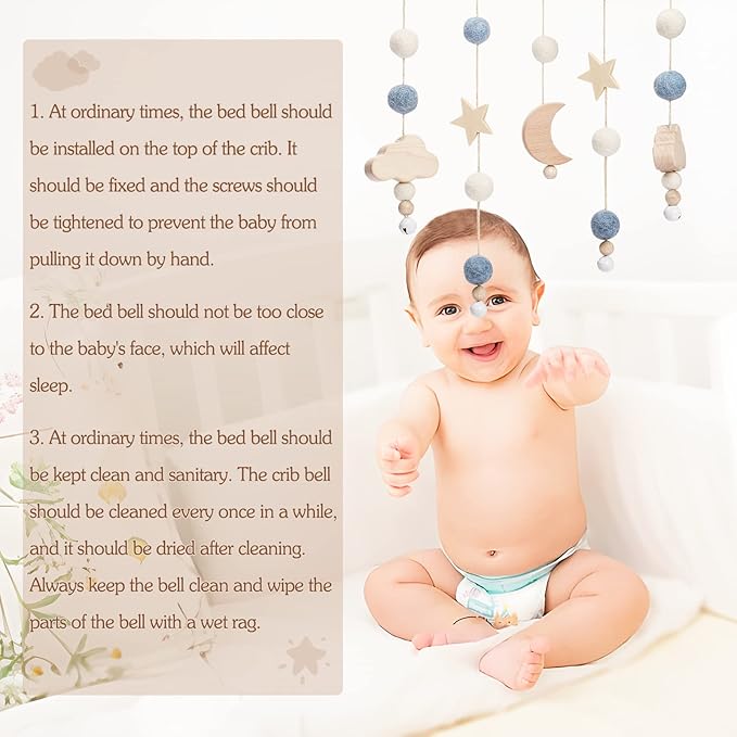 Boho Baby Crib Mobile Decor - Wooden Moon and Stars Nursery Mobiles with Cloud for Bassinet Starry Night Handmade Soft Felt Beads Hanging Wind Chime Toys Pendant for Infant Newborn Boy and Girl