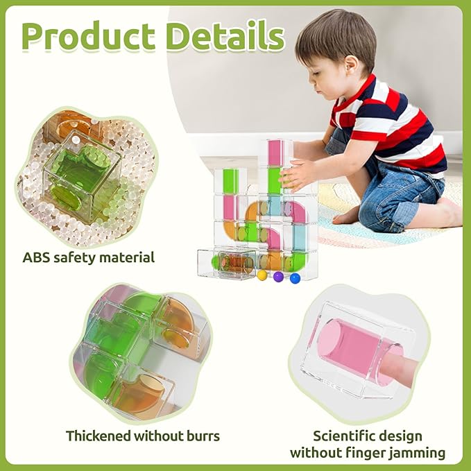 24 PCS Stacking Blocks - 1.6 Inch Transparent Puzzle Building Cubes with Learning Cards, Pipe Tube Inside for Marble Run, Educational STEM Toy for Kids Ages 3+, Sensory Gifts for Boys Girls
