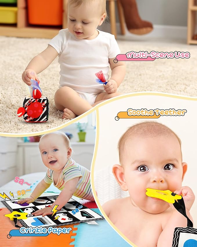 3 PCS Black and White High Contrast Baby Toys for Newborn, Montessori Toy Sensory Infant Tummy Time Toy Baby Essentials 0-6-12 Months Gifts