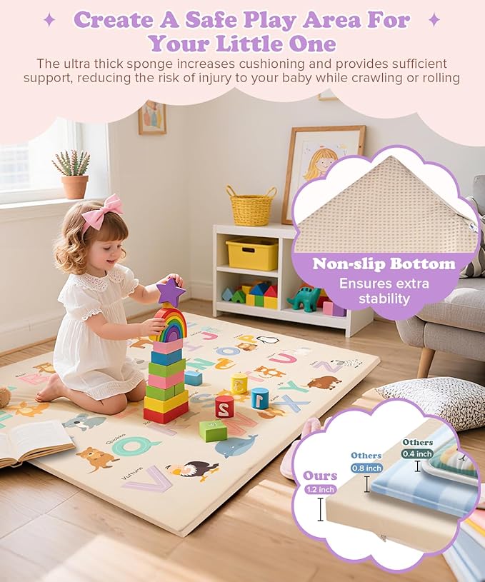 59x59Inch Baby Mat for Floor,1.2Inch Thick Foam Crawling Mat for Babies,Waterproof Floor Cushioned,Kids Playroom Playmat,Wipeable Washable Vegan Leather Padded Memory Foam Playmat for Infant