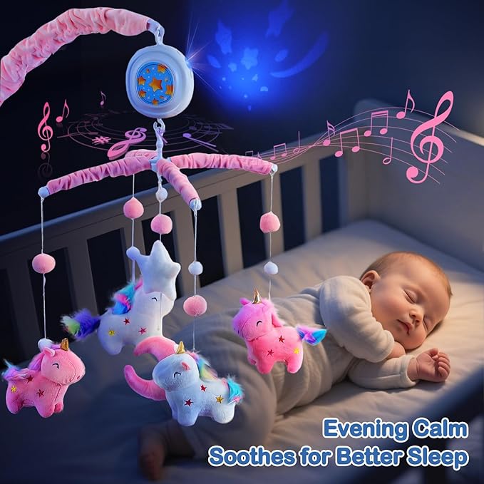 Unicorn Baby Crib Mobile for Girls with Music Box (100+ Lullabies), Rotating Plush Crib Toys for Newborns, Infant, Baby Christ & Shower Gift