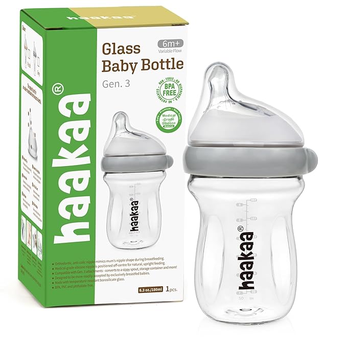 haakaa Gen.3 Natural Glass Baby Bottle 6.3 oz.180ml - Wide Neck, Anti-Colic Varibale Flow Nipple for 6m+ Breastfed Babies, Newborn Registry Essentials,BPA-Free -1 PK