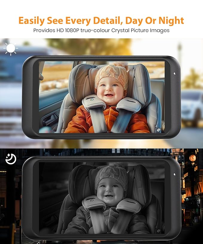 Babyvue BV2 Baby Car Camera, 4.5'' HD 1080P USB Rear-Facing Mirror, IR Night Vision, 360° Adjustable, Plug & Play Backup Monitor for Child & Pet Safety