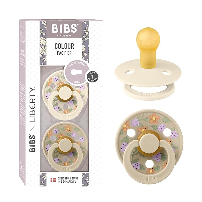 BIBS Colour Liberty Soother 2-Pack, BPA Free Dummy Pacifier, Round Nipple. Natural Rubber Latex, Made in Denmark, Size 1 (0-6 Months), Strawberries and Cream Ivory Mix