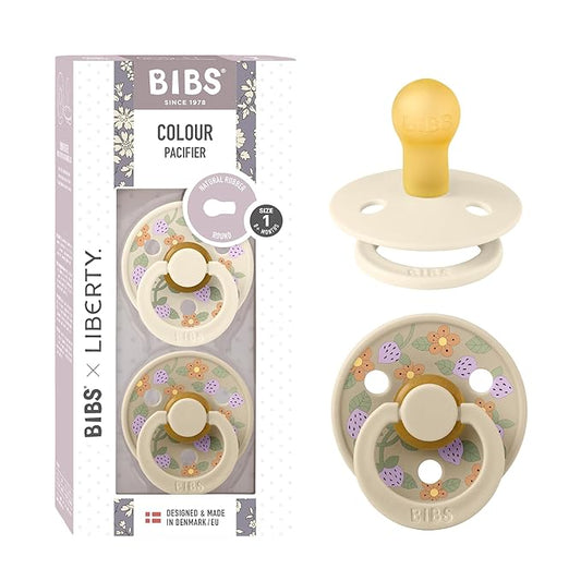 BIBS Colour Liberty Soother 2-Pack, BPA Free Dummy Pacifier, Round Nipple. Natural Rubber Latex, Made in Denmark, Size 1 (0-6 Months), Strawberries and Cream Ivory Mix