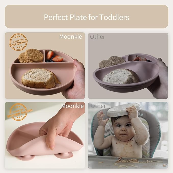 Moonkie Suction Plates for Baby | 100% Silicone BPA-Free Baby Plates with Lids and Food Cover | Divided Design | Microwave and Dishwasher Safe | Toddler Plates 3 Pack