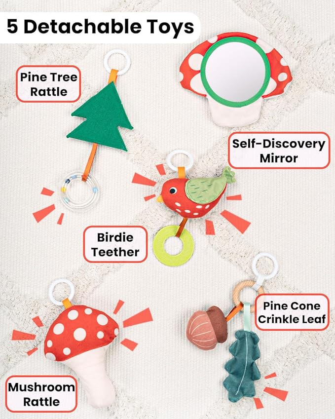 Baby Play Gym, 7-in-1 Thickened and Larger Activity Mat, Washable Baby Play Mat with Non Slip Bottom, Tummy Time Mat with 5 Detachable Toys for Motor Skills, Easy to Store - Mushroom