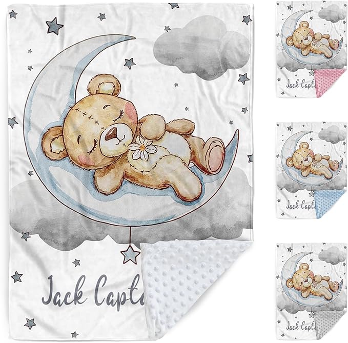Personalized Baby Blanket, Custom Baby Blankets with Name for Infant Boys Girls, Flannel Double Layer Dotted Backing Receiving Swaddle Blanket, Gray Bear Toddler Customized Gifts(30"x40")