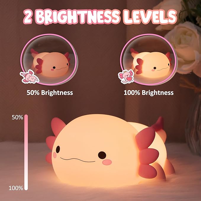 Lampeez Axolotl Gifts, Cute Axolotl Night Light, Soft Silicone Lamp Nursery Nightlight LED Touch Light, Bedroom Decor as Xmas Birthday Gift for Boys Girls