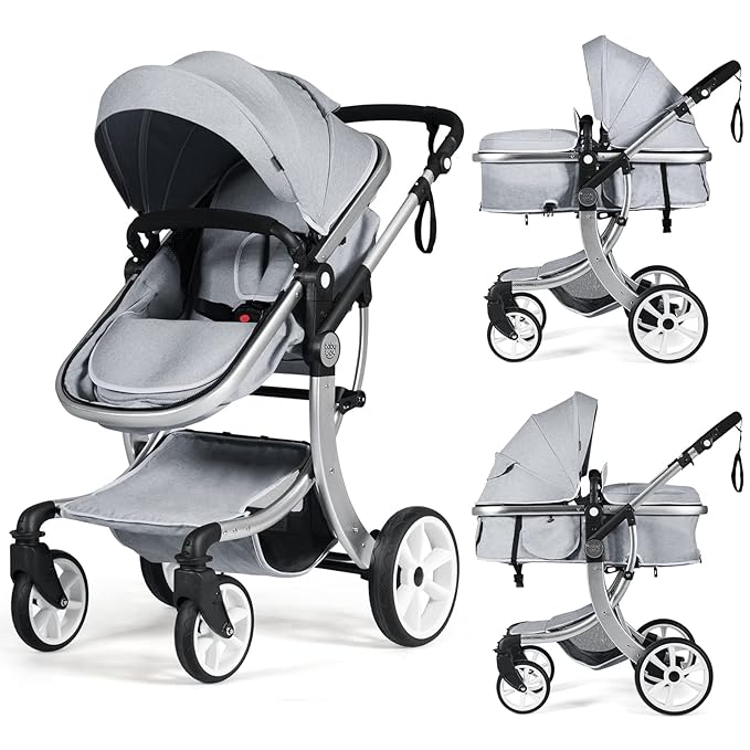 BABY JOY 2-in-1 High Landscape Baby Stroller, Reversible Bassinet Reclining Stroller, Foldable Push Chair w/Adjustable Canopy, Storage Bag, Foot Cover, Rain Cover & Net, Aluminum Alloy Frame (Gray)