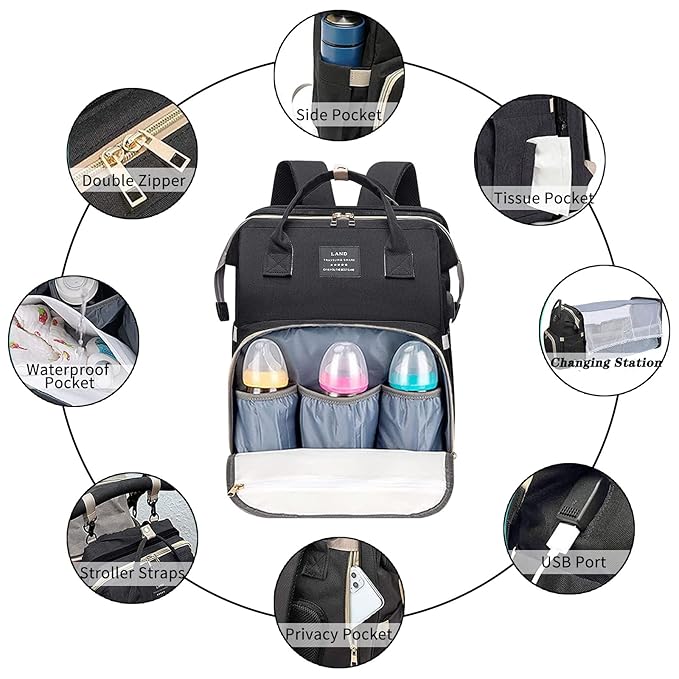 Diaper Bag with Changing Station,Diaper Bag Backpack,7 in 1 Travel Baby Diaper Bag,Mommy Bag With USB Charging Port (Black)