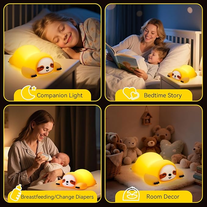 Cute Sloth Night Light for Kids, 3-Level Dimmable Nursery Nightlight, Silicone Squishy Light Up Sloth Gifts, Rechargeable Bedside Touch Lamp for Breastfeeding Toddler Baby Kids Decor
