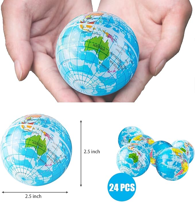 24 PCS Globe Squeeze Balls,2.5 Inch Globe Bouncy Ball Earth Squishy Ball,Mini Foam Globe Squeeze Stress Balls