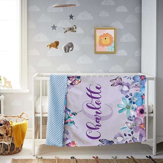 Personalized Baby Blanket, Custom Name Baby Blanket for Girl Boy, Purple Butterfly Double Layer Dotted Backing Receiving Swaddle Blankets, Toddlers Infants New Parents Customized Gifts(30"x40")