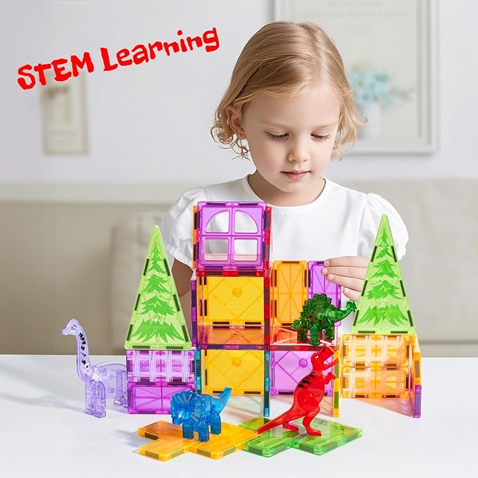 Magnetic Tiles 32 Piece Set, Dinosaur Toys for Kids 3-5, STEM Building Blocks with Trees and Figures, Educational Construction Set for Boys and Girls