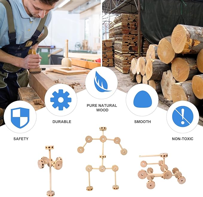 WODI 60PCS Wooden Building Blocks for Kids Ages 4-8, STEM Toys Montessori Learning Toys, Large DIY Educational Construction Blocks for Toddlers, Creative Splicing Activity Set with Manual