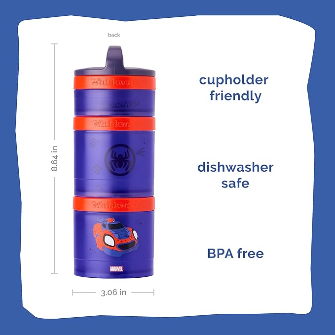 Whiskware Spider-Man Team Spidey Stackable Snack Containers for Babies, Kids, and Toddlers, 3 Stackable Snack Cups for School or Travel, Cupholder Friendly, Peter Parker