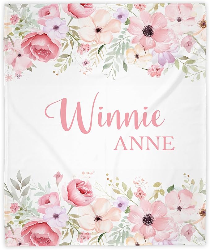 Personalized Baby Blanket for Girl, Baby Girl Blankets, Blush Pink Floral Custom Name Blanket for Girls, New Mom Newborn Gift, Birthday