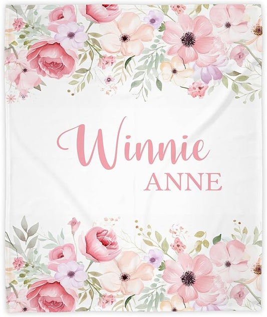Personalized Baby Blanket for Girl, Baby Girl Blankets, Blush Pink Floral Custom Name Blanket for Girls, New Mom Newborn Gift, Birthday