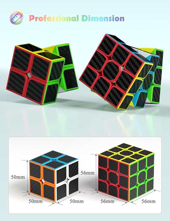 Roxenda Speed Cube Set, Speed Cube Bundle of 2x2x2 and 3x3x3 Cube Smoothly Magic Cube Collection for Kids Teens & Adults [2 Pack] (Carbon Fiber)