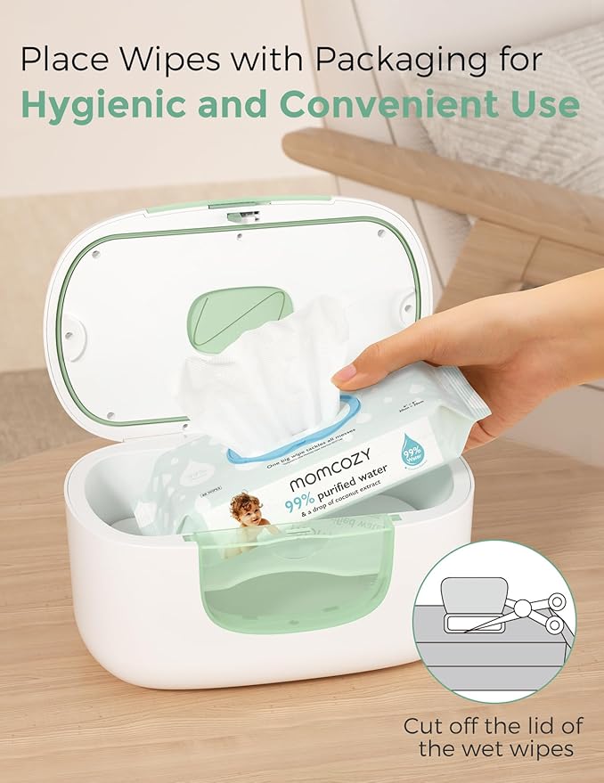 Momcozy New Baby Wipe Warmer, Large Capacity Wipe Dispenser Compatible with 60-80pcs,10-Min Fast Heating,4 Temperature Modes,Innovative Spring Design,Silicone&Top Seals,Even Heating,3-Level Nightlight