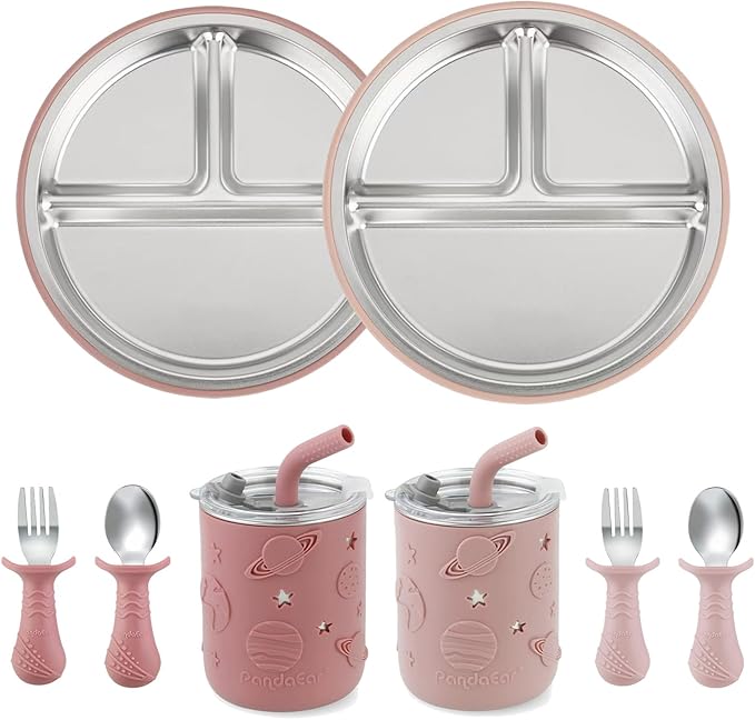 PandaEar Stainless Steel Baby Feeding Set | 2 Divided Suction Plates, 2 Spill-Proof Straw Cups with Silicone Sleeves, 2 Forks & 2 Spoons | Toddler Utensils for Baby Led Weaning, BPA-Free