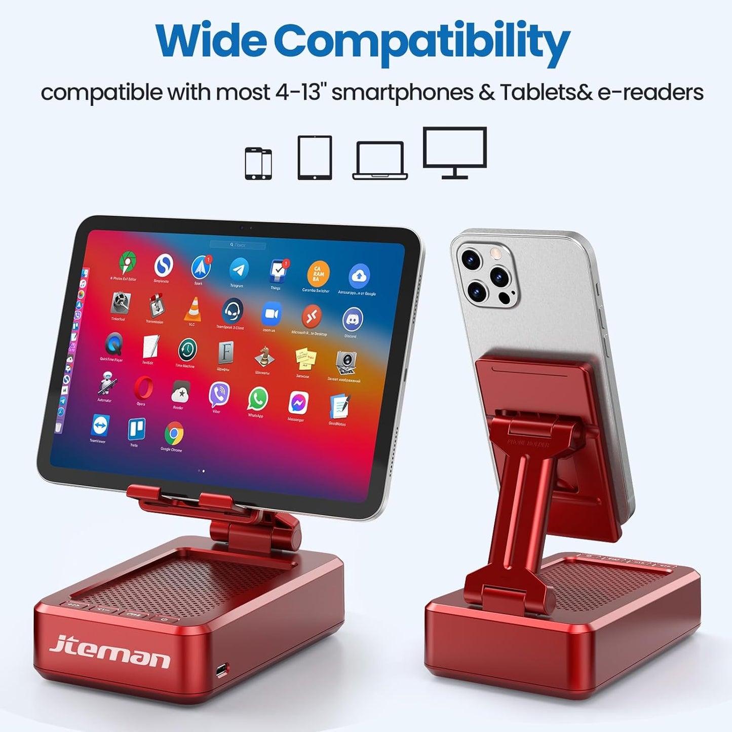 JTEMAN Portable Phone Stand with Speaker Bluetooth Wireless,Gifts for Men Women,Birthday for Women,Kitchen Gadgets for Men,Phone Holder for Desk - Red