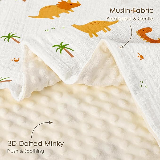 Dinosaur Baby Blankets for Boys, Soft Nursery Minky Blankets with Muslin and Dotted Fleece Back 30x40 inches, Receiving Bed Quilt for Newborn, Infants, Toddlers