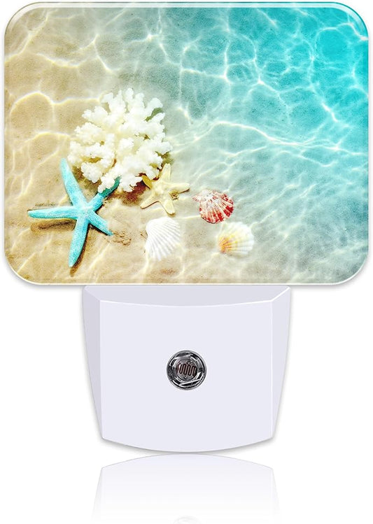 Starfish Coral and Seashell Plug in Night Lights, Beach in Sea Water Nightlight Plug Into Wall Dusk to Dawn Sensor for Kid Girls Boys Women Men Room, Hallway, Kitchen, Bathroom, Stairs Decor