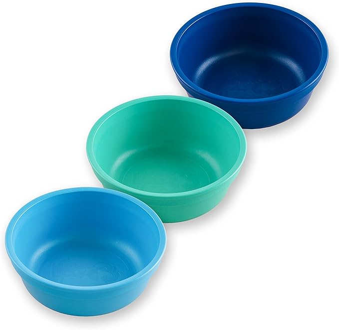 Re-Play 12 oz. Toddler Bowls Set of 3 - Kids Deep-Walled, Durable & Reusable Snack and Meal Bowls, Dishwasher & Microwave Safe, BPA-Free, Made in USA from Recycled Plastic, True Blue