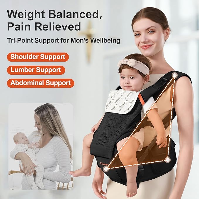 Baby Carrier with Hip Seat, 2-in-1 Forward-Facing Carry for Newborn to Toddler，Knob Design - Precision Adjustment，All Seasons Holder Infant Carriers Fits Waist Sizes up to 45 Inches (Black)
