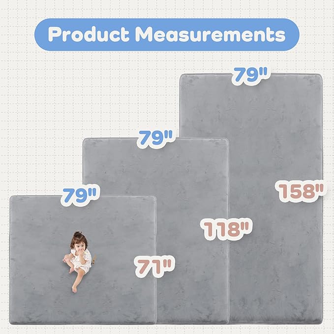 1.3" Thick Baby Floor Play Mat 71x79, Basic Padded Foam Mat for Tummy Time Crawling, Non Slip Cushioned for Babies Toddlers Infants Kids (Light Grey)