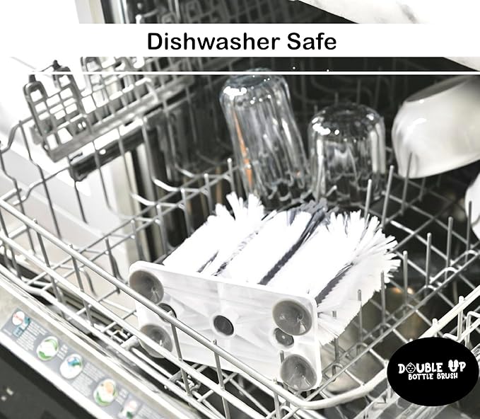 Double Baby Bottle Cleaning Brush Set with Suction Base - Cleans Two Bottles at Once - Includes Nipple Cleaner Brush - High Density Bristles, Dishwasher Safe - Baby Gift & Newborn Essential