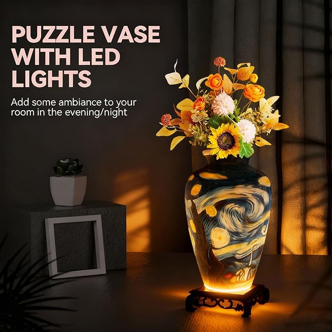 3D Puzzles Vase for Adults, Crafts for Adults, 120 Pieces Plastic DIY Unique Flower Vase with LED Light House Warming Gift Birthday Gifts for Flower Arrangements and Home Decor (Blue)