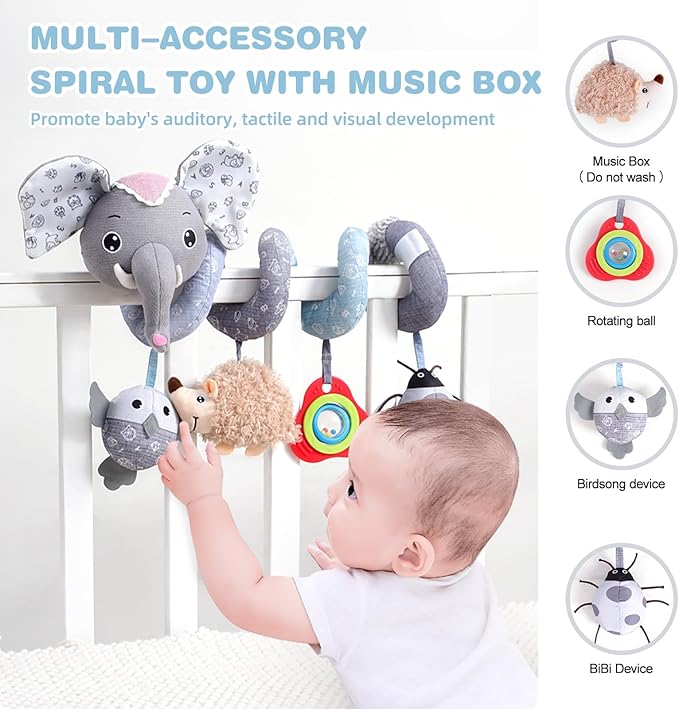 Jollybaby Crib Stroller Car Seat Toys for Baby 0-3-6-9-12 Months, Tummy Time Hanging Sensory Toys for Newborn with Music Box and Teether, Spiral Carseat Toy for Boys Girls Gifts (09-Sz Gray Elephant)