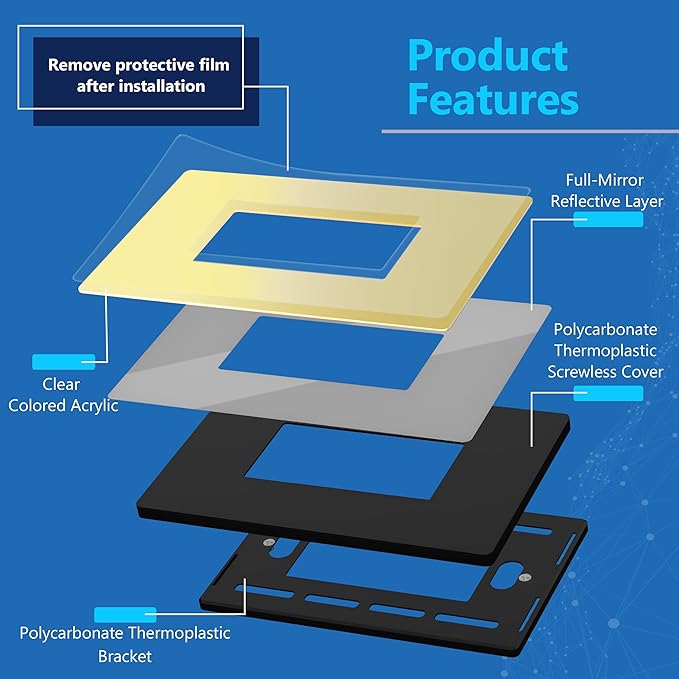 LIDER Decorator Wall Plate, Impact Resistant, Mirrored Acrylic, Plexiglass, Reflective Finish, Modern Upgrade, Screwless Light Switch/Outlet Cover, Mid-Size 1-Gang 4.88" x 3.11", Gold