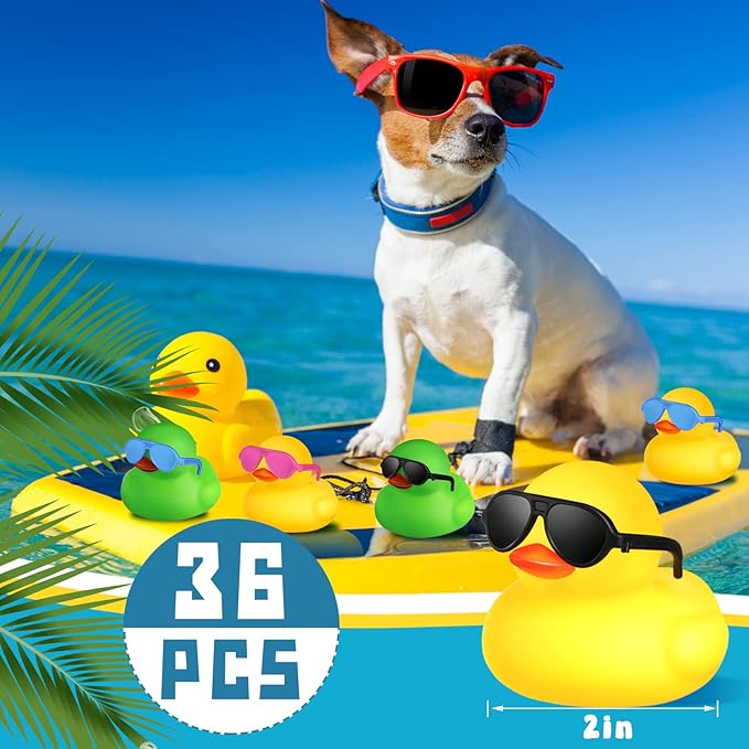 Chivao 36 Pcs Mini Rubber Ducks with 36 Sunglasses Rubber Ducks in Bulk Bathtub Duckies Toys for Kids Christmas Valentine Gifts Birthday Party Favors Cruise(Multi Color,Duck with Sunglasses)