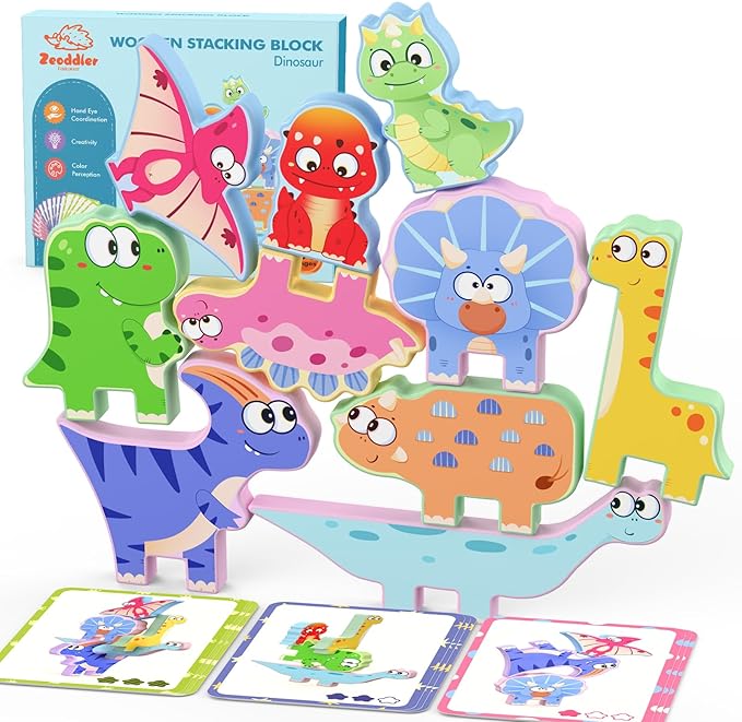 Montessori Toys for Toddlers, 10 Pack Wooden Dinosaur Stacking Blocks, Sorting & Stacking Preschool Learning Activities, Gift for Boys, Girls