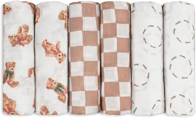 GLLQUEN BABY Receiving Blanket Boy Cotton Muslin Swaddle Blankets Girl Newborn Squares Breathable & Soft Thin Baby Blankets Cloths Double Absorbent Infant Swaddling Wrap - 6 Pack (Christmas Bear)