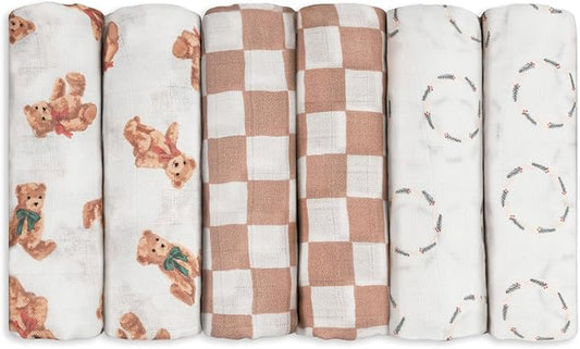 GLLQUEN BABY Receiving Blanket Boy Cotton Muslin Swaddle Blankets Girl Newborn Squares Breathable & Soft Thin Baby Blankets Cloths Double Absorbent Infant Swaddling Wrap - 6 Pack (Christmas Bear)