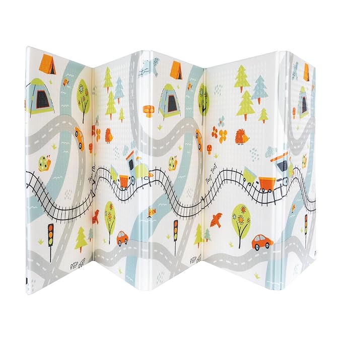 Nuby Reversible Baby Floor Mat - Foldable and Lightweight Foam Infant Play Mat - 77" x 58" - Easy Storage and Travel - Car Tracks/Alphabet