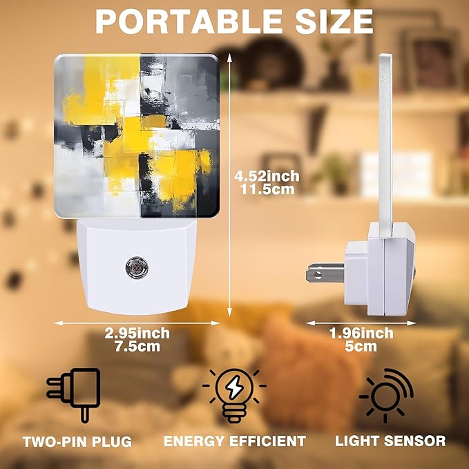 Grey and Yellow Abstract Art Night Light, Plug-in Nightlight with Dusk to Dawn Auto Sensor for Home Bedroom Hallway Kitchen 0.5W Sleep Friendly Led Lamp for Women Men