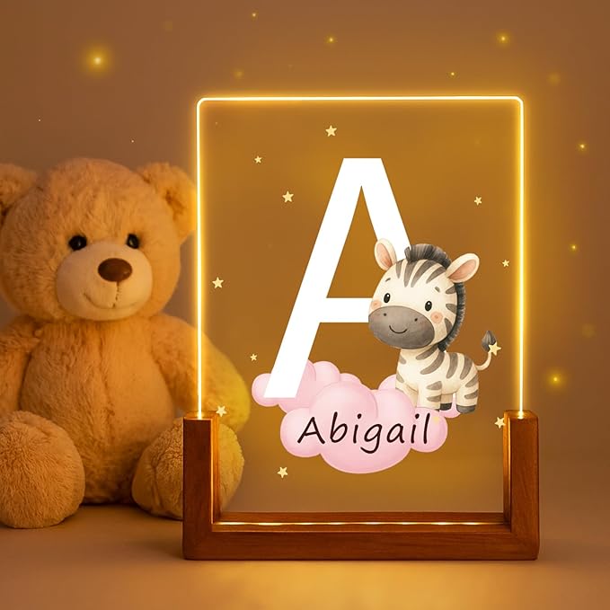Custom Baby Gift Night Light for Baby Boys Girls Nursery Decor, Personalized Initial Name LED Night Light with Wooden Base, LED Color-Changing Lamp for Toddlers Kids 3