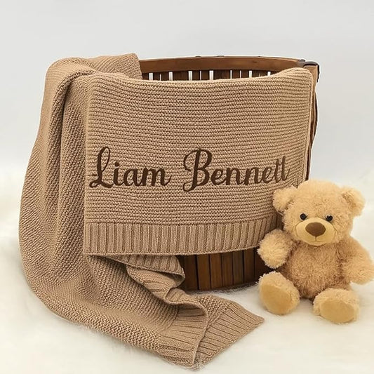 Personalized Baby Blanket with Name - Custom Embroidered Monogrammed Knitted Ruffled Blanket for Newborn, 30x40 inch, Customized Gift for Newborn Boys Girls on Birthday, Baby Shower, Christmas