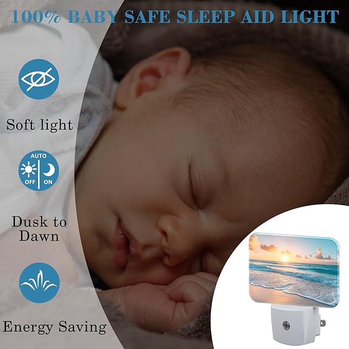 Sunrise Over Beach Plug in Night Lights, Beautiful Beach Nightlight Plug Into Wall Dusk to Dawn Sensor for Kid Girls Boys Women Men Bedroom, Hallway, Kitchen, Bathroom, Stairs Decor
