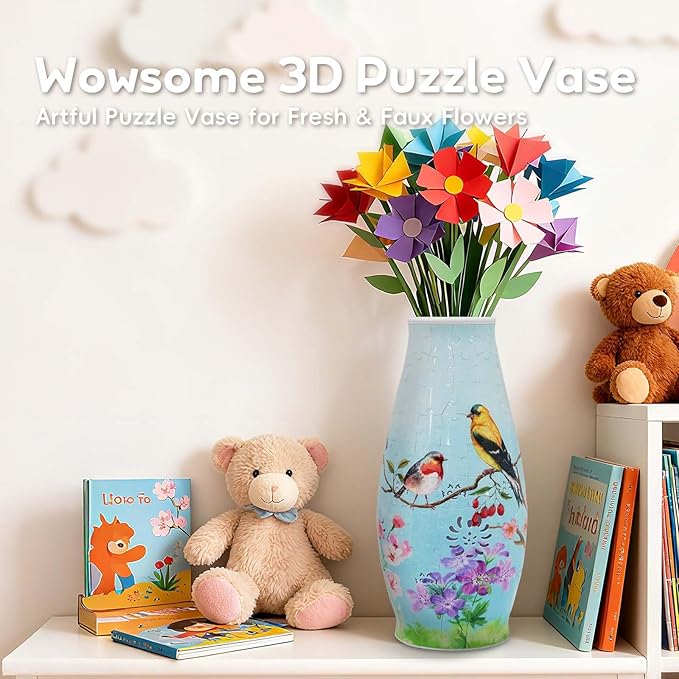 3D Puzzle Vase for Adults, 3D Puzzle Vases for Flowers, 152 Pcs 3D Puzzles Art Vase for Kids Ages 8-13, Cute Unique Flower Vases Decoration with Night Light, Crafts for Adults(Bird)