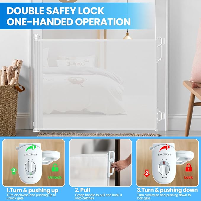 Retractable Safety Baby Gate or Mesh Dog Gate,Durable Portable Mesh Retractable Gate,Easy to Use for Stairs, Doorways, Hallways, Indoor, Outdoor, 33.5" Tall, Extends to 55" Wide,White