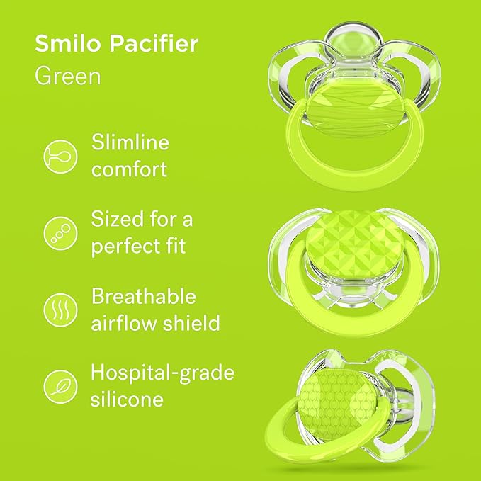 Smilo Baby Pacifier with Orthodontic Design for Healthy Dental Development - Stage 3 for Babies 9+ Months - Pack of 3X 100% Silicone Pacifiers BPA Free - Green